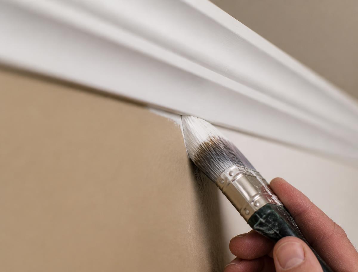Painter cutting a clean line along a white cornice